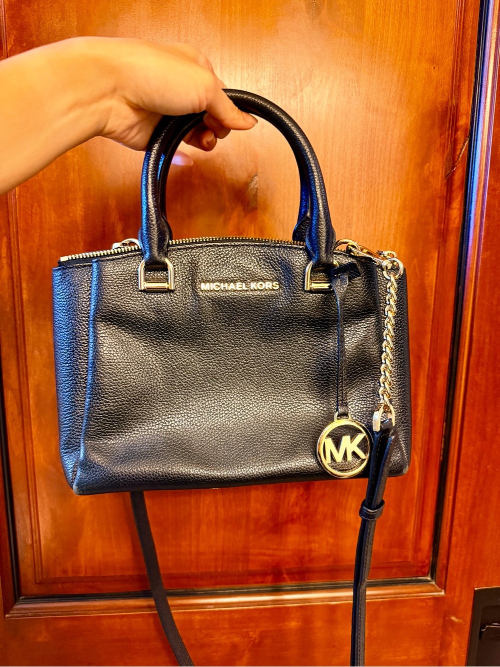 Michael Kors Black Leather Pebbled Satchel with Gold MK Charm